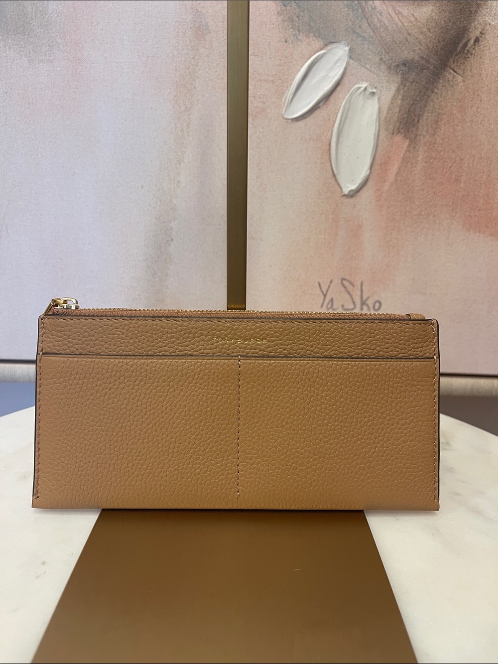 Tory Burch Pebbled Leather Flat Wallet in Tan